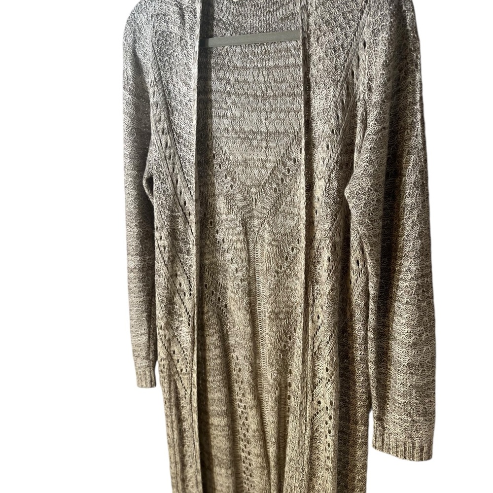It’s Our Time Crochet Long Sweater Cardigan Sz L Tan Heathered 100% Acrylic
